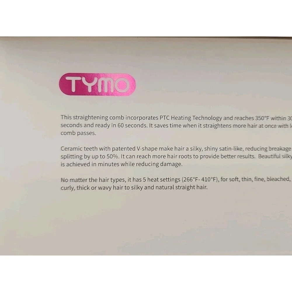 TYMO RING Hair Straightening Comb Black Pink HC100 Ceramic PTC 5 Heat Settings